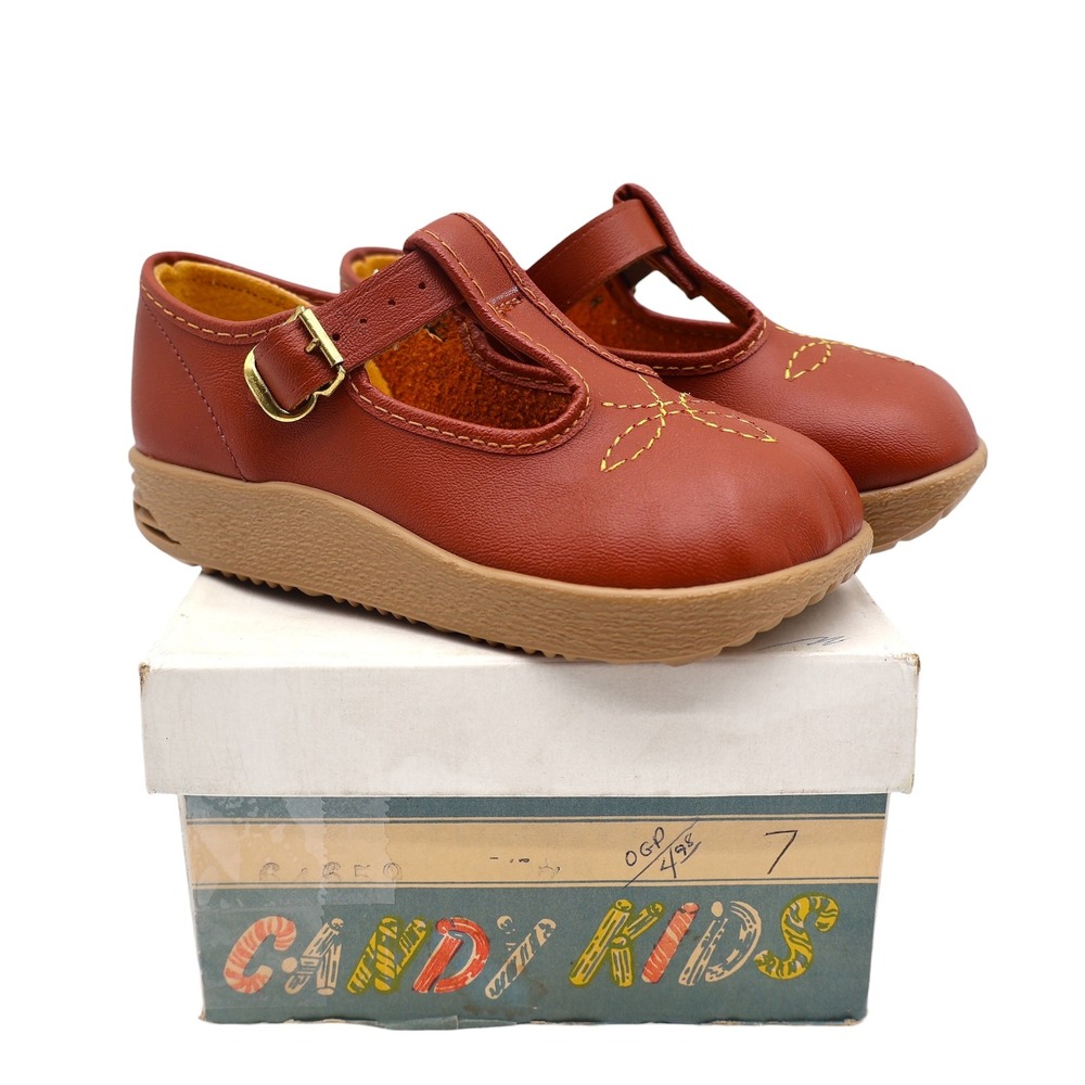 Candy Kids T-Strap Shoes Toddler 7 Vintage Brown Faux Leather USA Deadstock